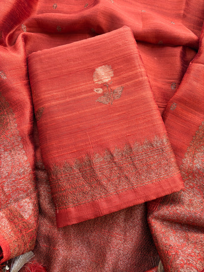 Rust raw silk tussar kadhwa suit set