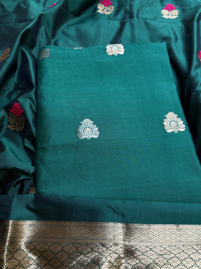 Green Chiniya silk kurta, bottom, katan silk kadhwa dupatta