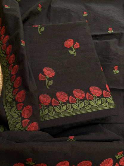 Black Chanderi flower weaving suit set