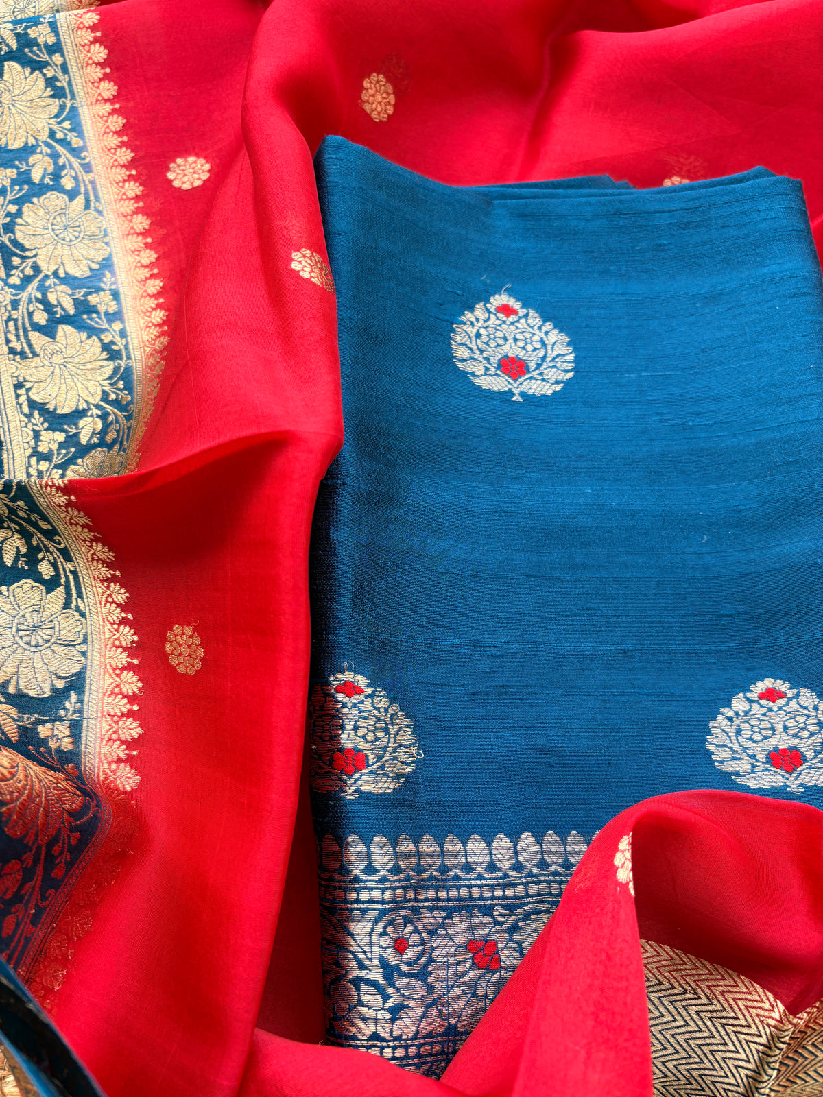 Blue red tussar silk suit set