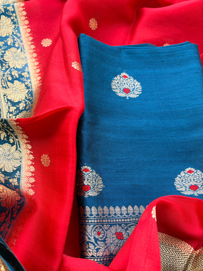 Blue red tussar silk suit set