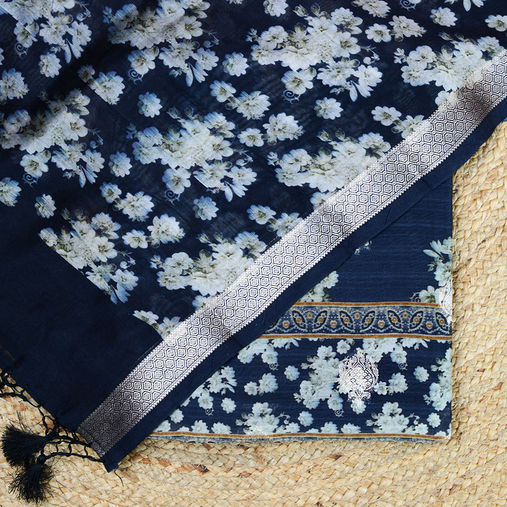 Blue Chanderi silk printed suit set