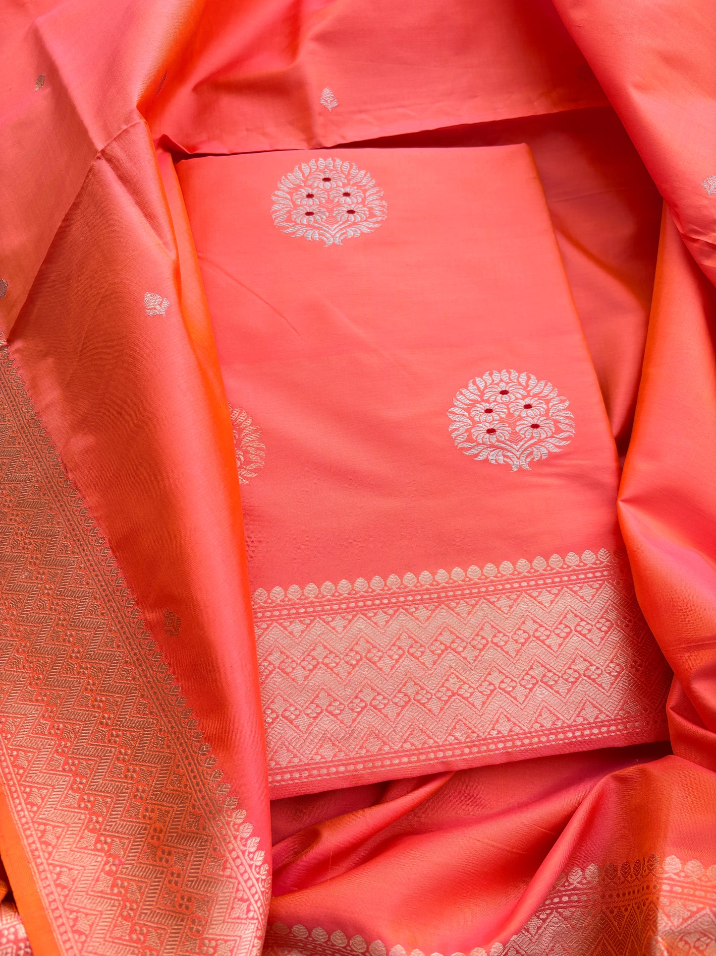 Peach katan by katan silk kadhwa suit set