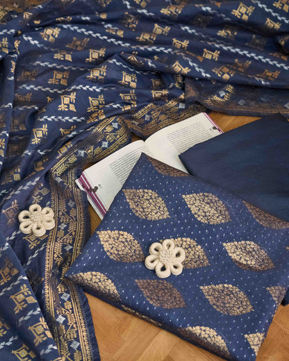 Blue chanderi weaving bootis 3 piece suit