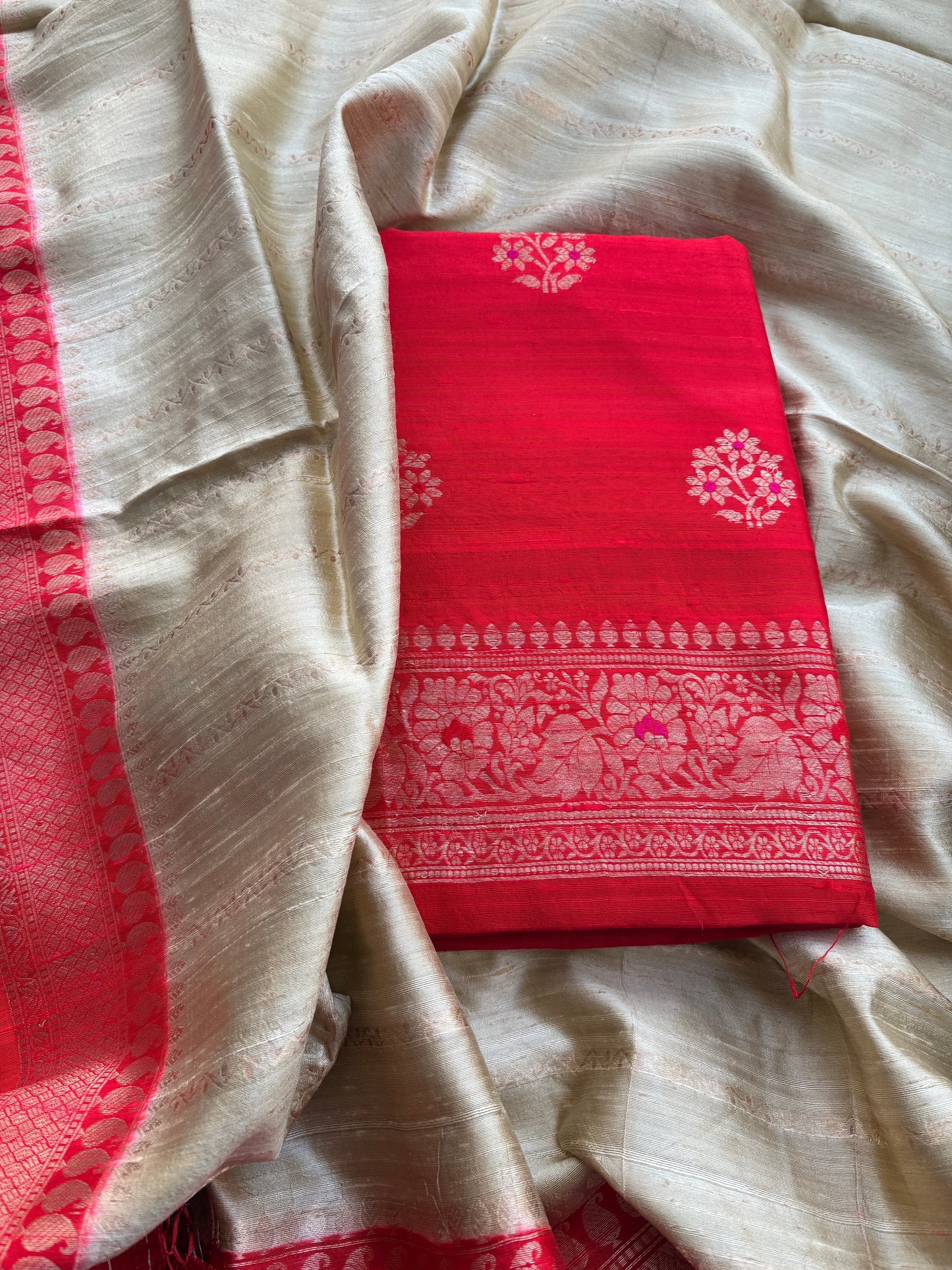 Red raw silk suit with chap dyed raw silk dupatta
