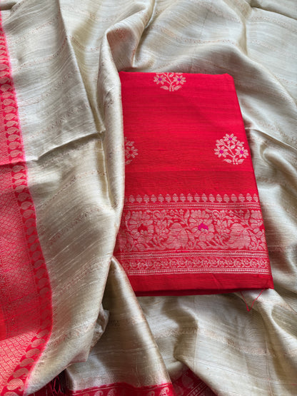 Red raw silk suit with chap dyed raw silk dupatta