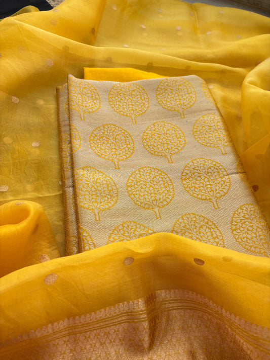 Yellow Katan brocade kurta and bottom , kora silk dupatta