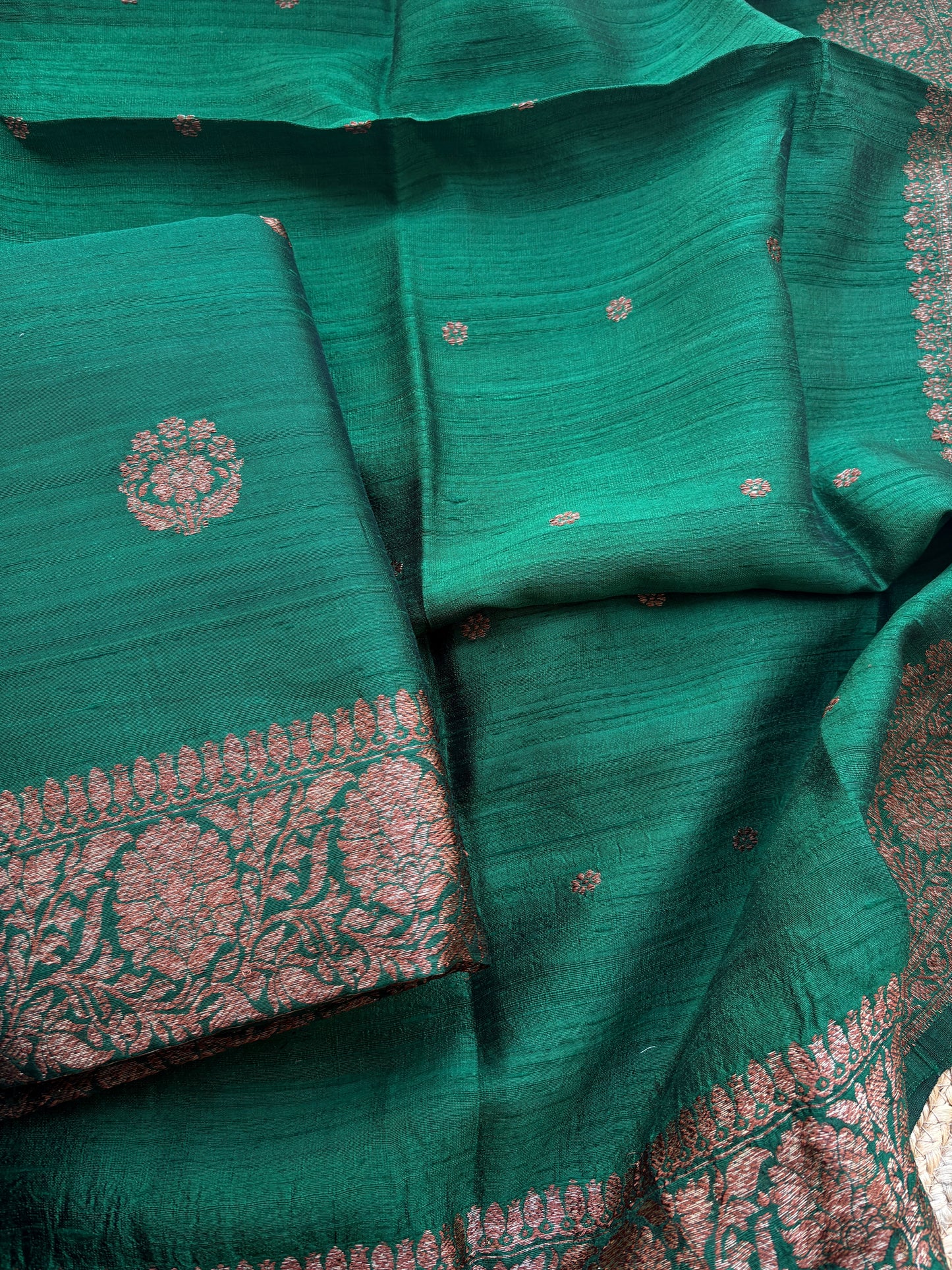 Green raw silk kadhwa suit set, raw silk dupatta