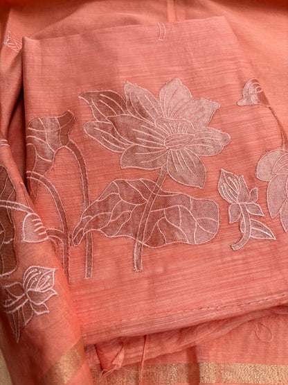 Peach appliqué work mul Chanderi suit set