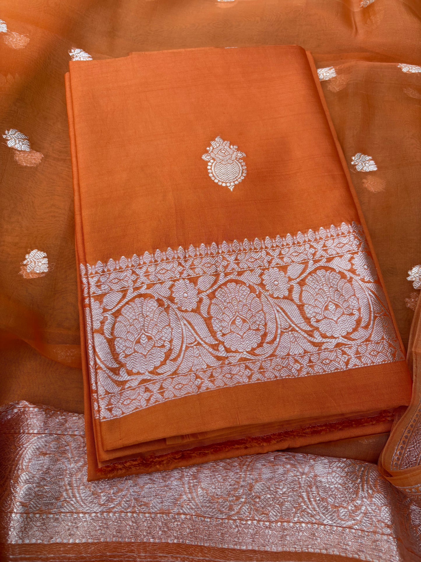 Orange Chiniya silver zari suit set