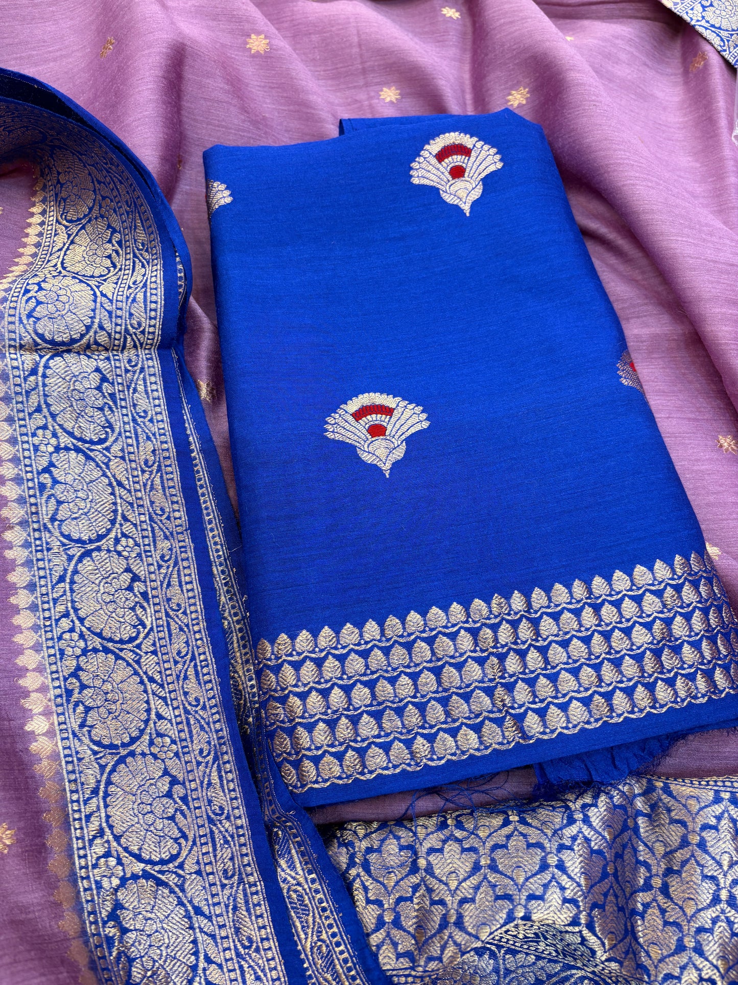 Blue moonga silk kurta, and chaap dye moonga silk dupatta