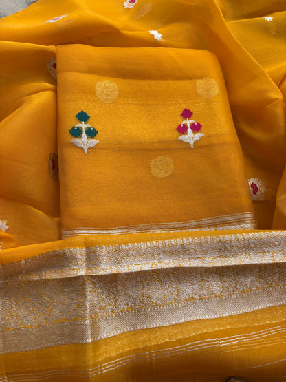 Yellow Kora silk meenadar silver zari suit set