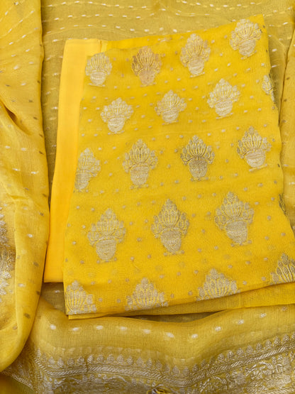 Yellow Khaddi chiffon kadhwa 3 piece suit set