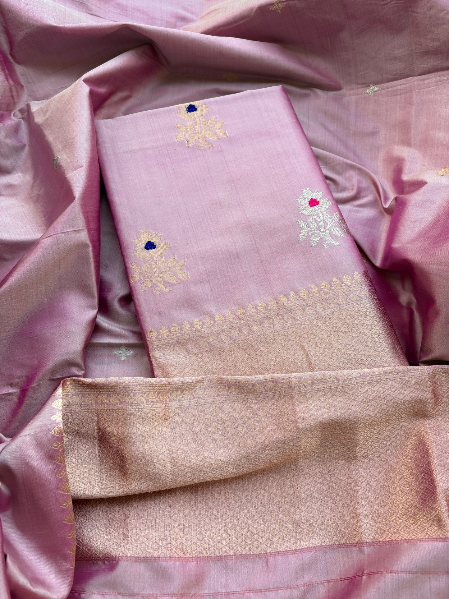 Pink lavender katan by katan silk kadhwa suit set