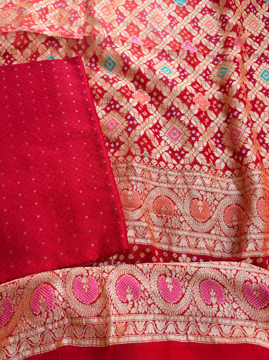 Red katan silk kurta with bandhani dupatta