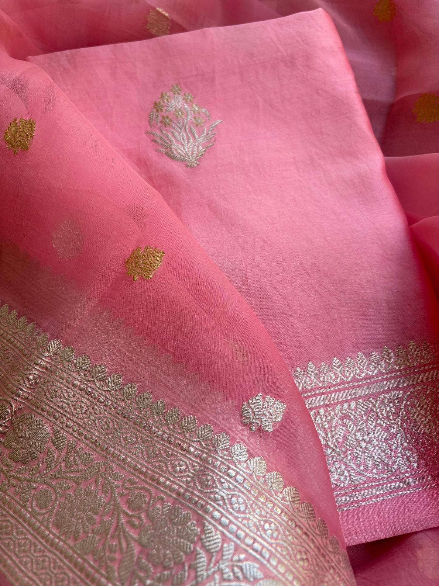 Pink pure silver zari chiniya kurta, kora dupatta, plain silk bottom.