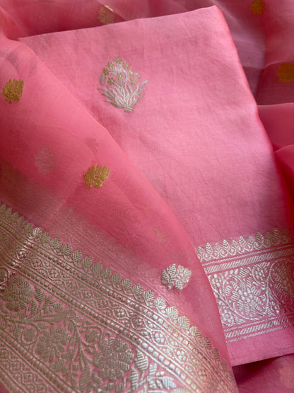 Pink pure silver zari chiniya kurta, kora dupatta, plain silk bottom.