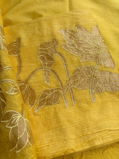 Yellow mul Chanderi appliqué work suit set