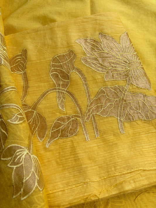 Yellow mul Chanderi appliqué work suit set