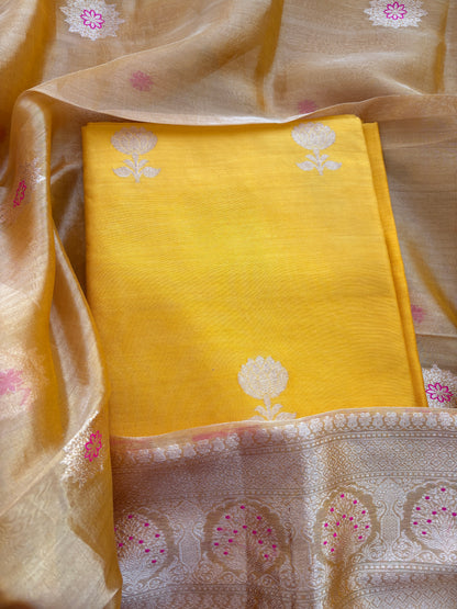 Yellow Chiniya silk kadhwa suit with tissue dupatta