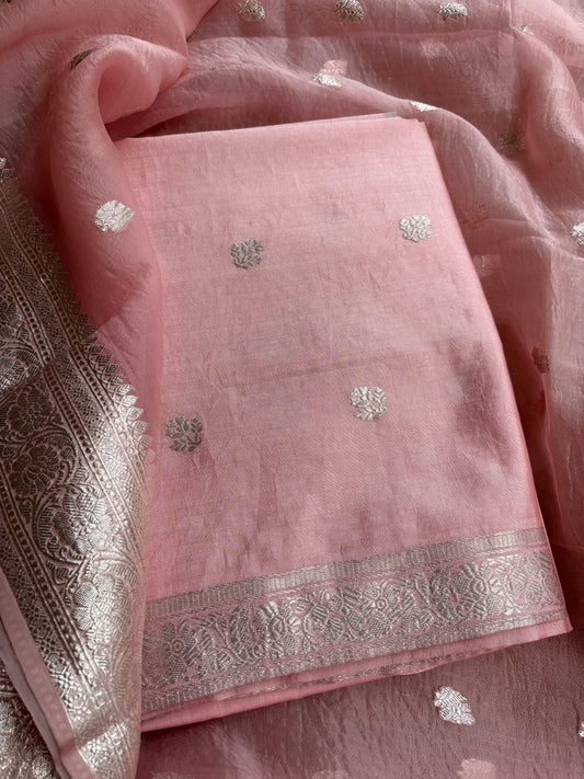 Pink silver zari Chiniya kora silk suit set