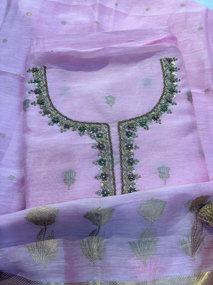 Pink linen suit hand work suit set