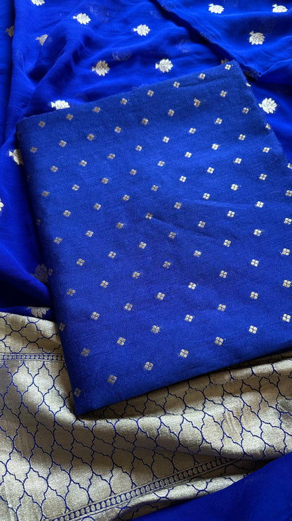 Blue pure moonga silk kurta, moonga silk bottom and georgette dupatta.