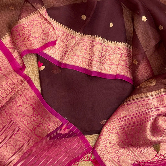 Wine kora silk suit with shaded dupatta