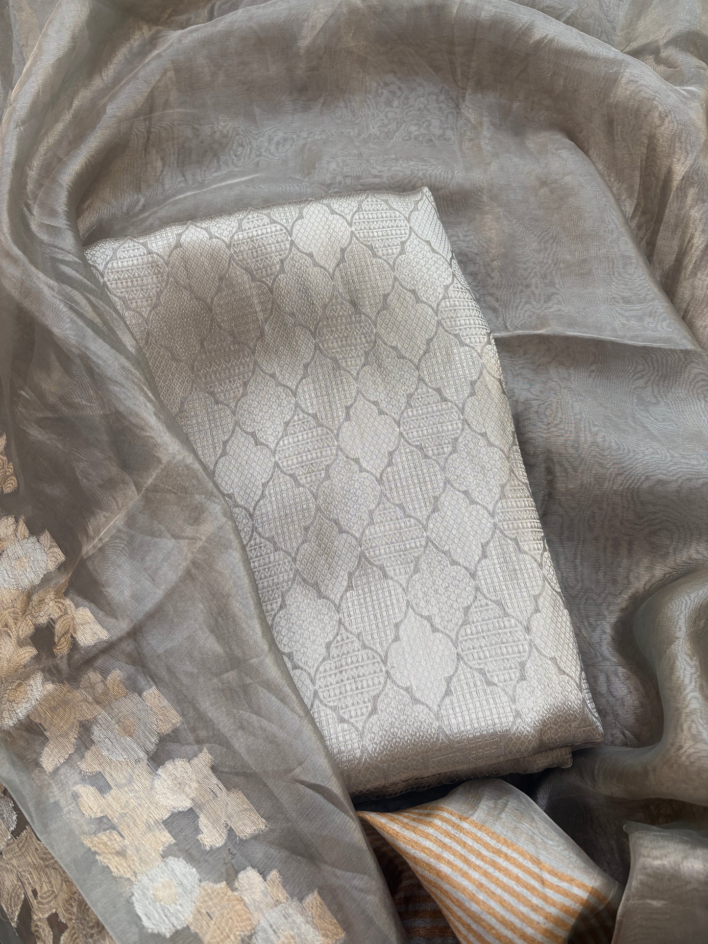 Silver grey tissue brocade suit set