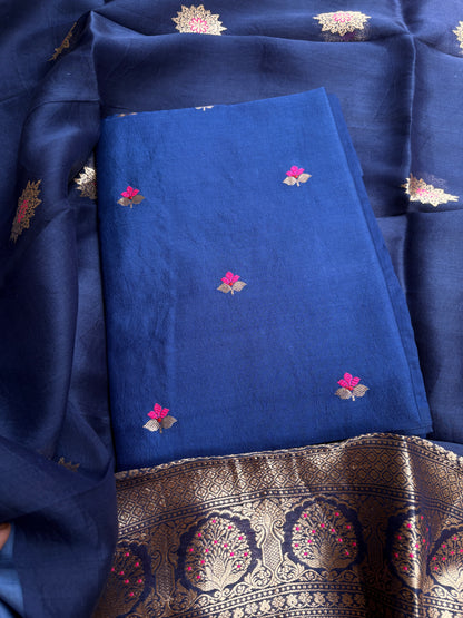 Blue Chiniya kora silk suit set