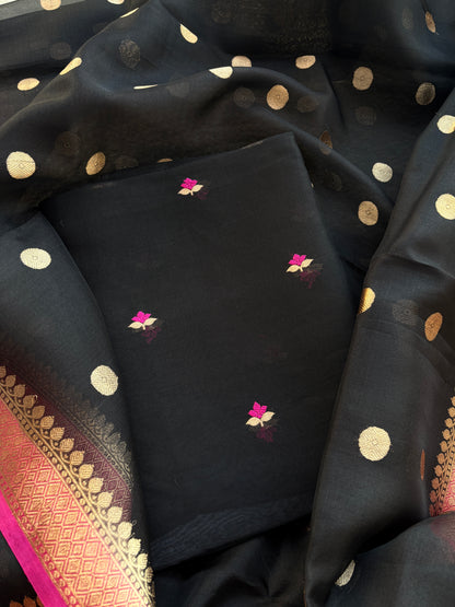Black kora kadhwa silk suit set