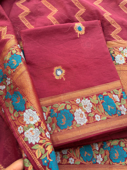 Maroon Chanderi cotton full jaal weaving suit set