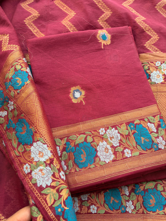 Maroon Chanderi cotton full jaal weaving suit set