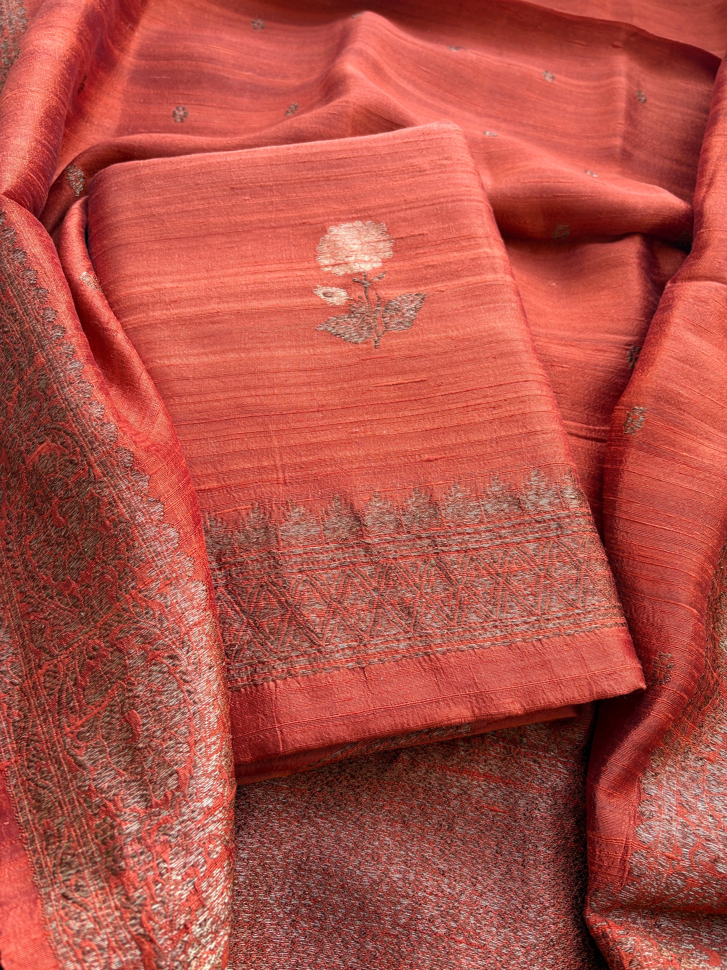 Rust raw silk tussar kadhwa suit set