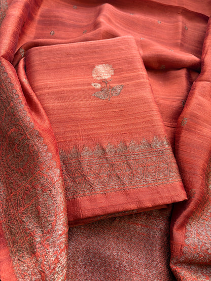 Rust raw silk tussar kadhwa suit set
