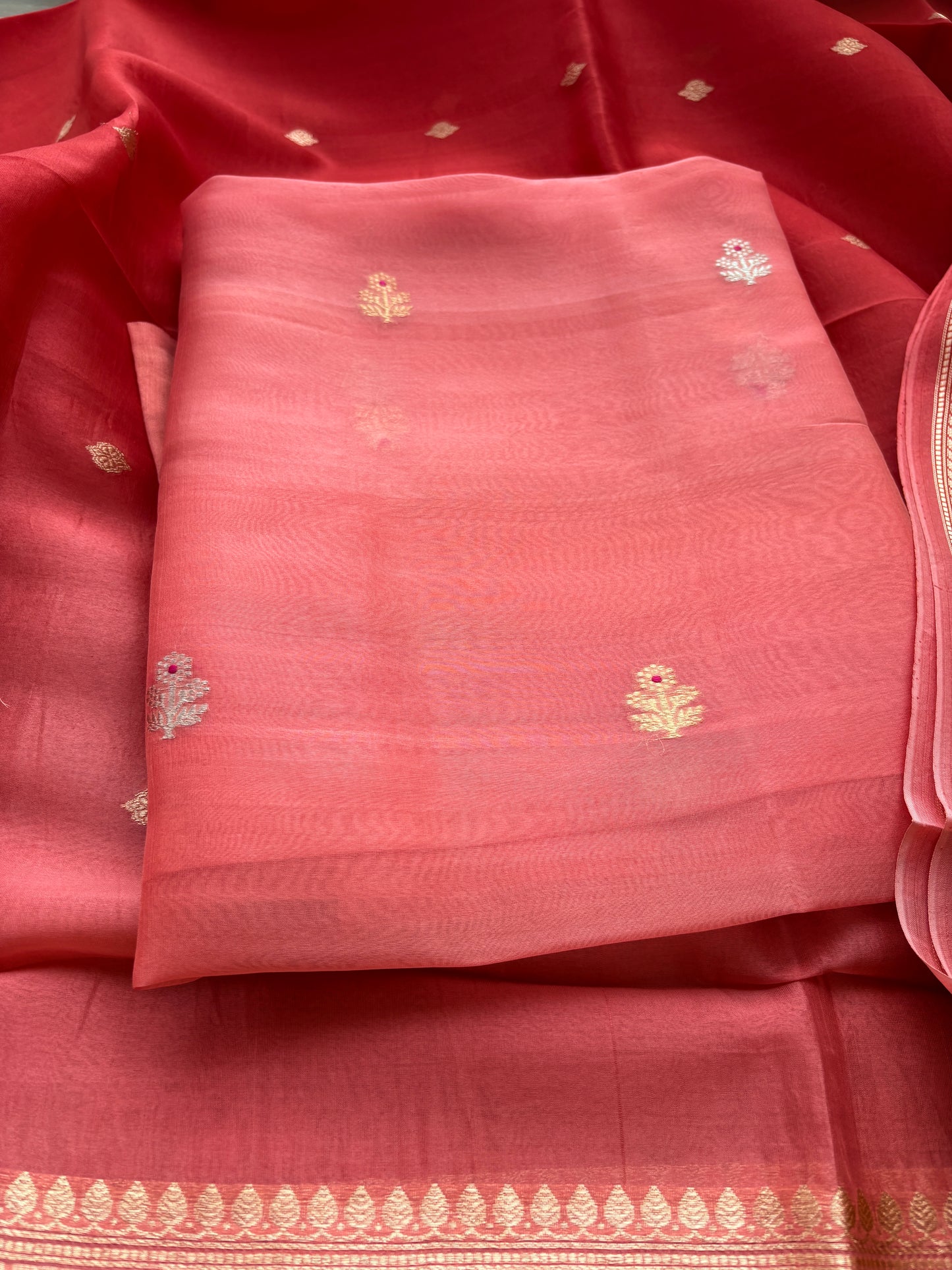 Peach kora silk shaded dupatta suit set