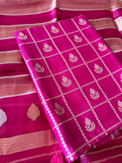 Pink chiniya katan silk suit, kora tissue dupatta, plain bottom