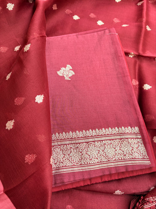 Maroon Chiniya Silk silver zari 3 piece suit set
