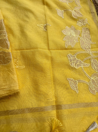 Yellow mul Chanderi appliqué work suit set