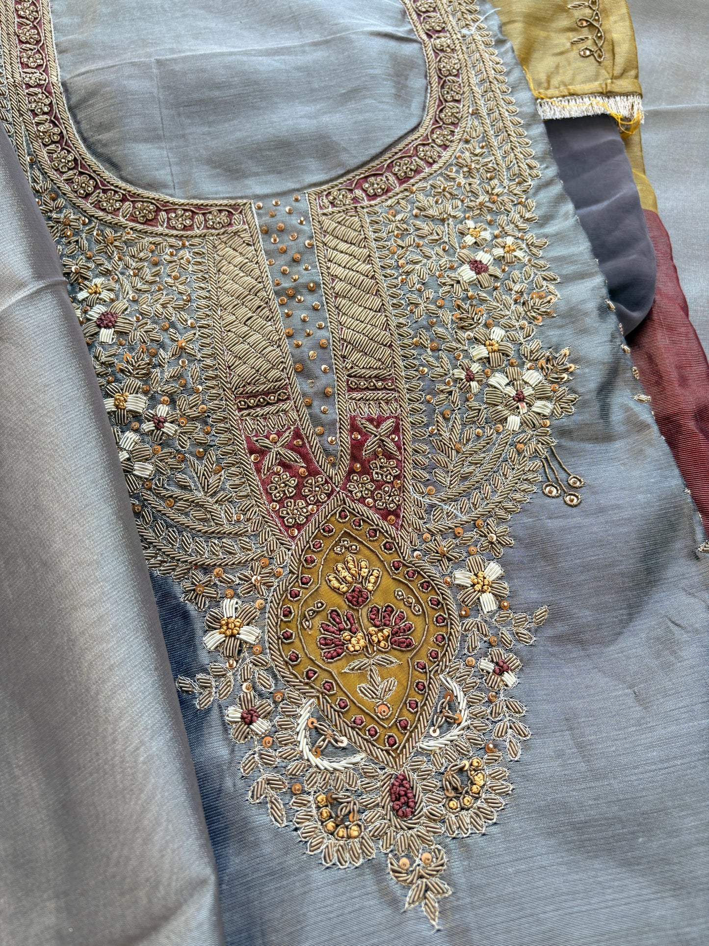 Grey 3 colored tissue hand embroidered suit set