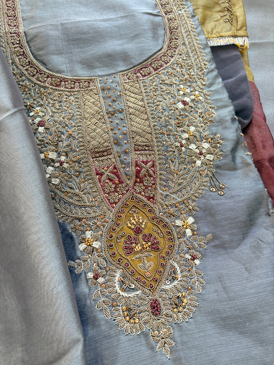 Grey 3 colored tissue hand embroidered suit set