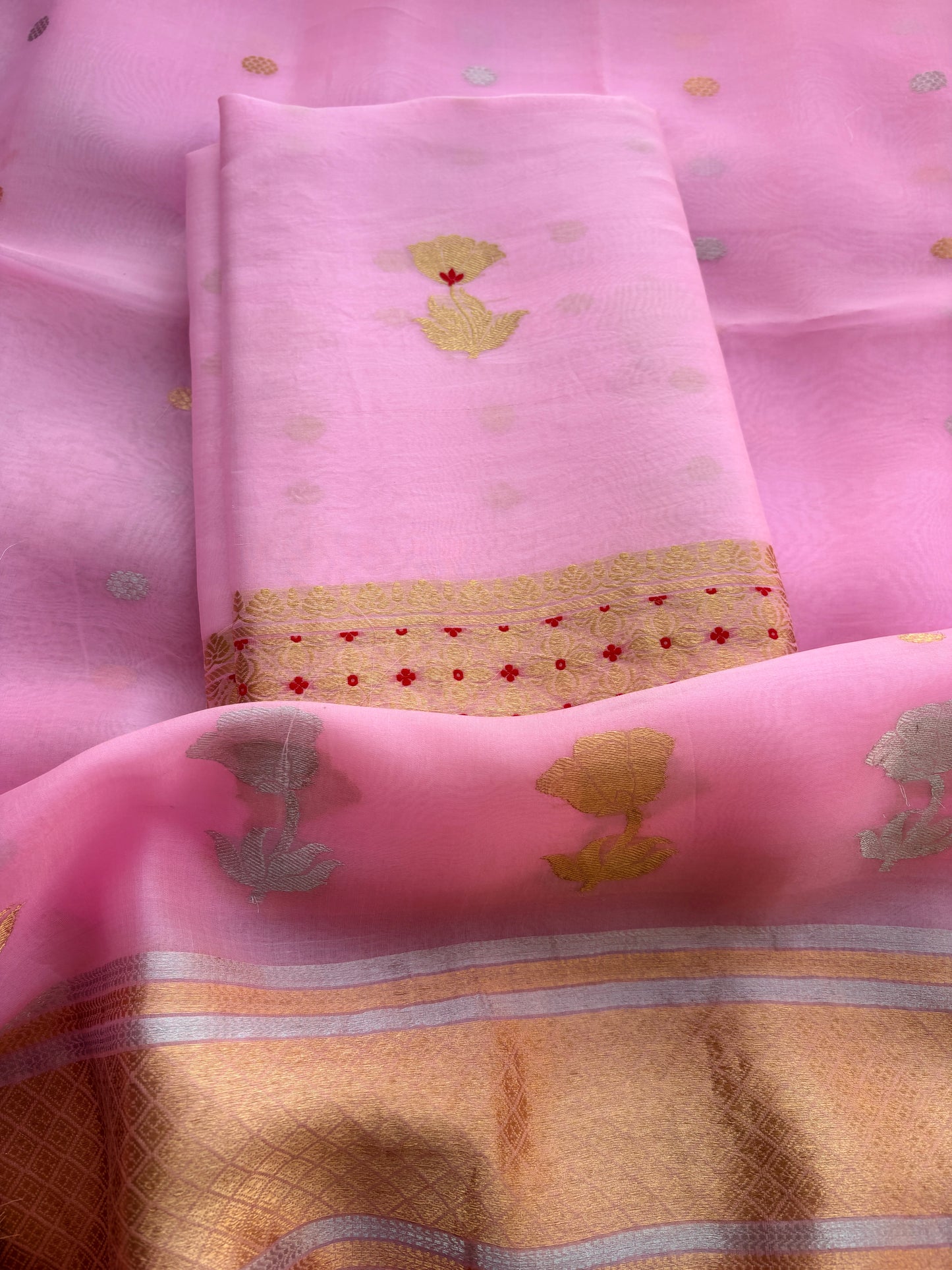 Pink kora kadhwa rose design suit set