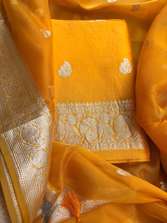 Yellow Chiniya silk silver zari suit set