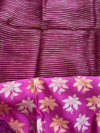 Wine Chiniya silk with stripes Sona rupa dupatta