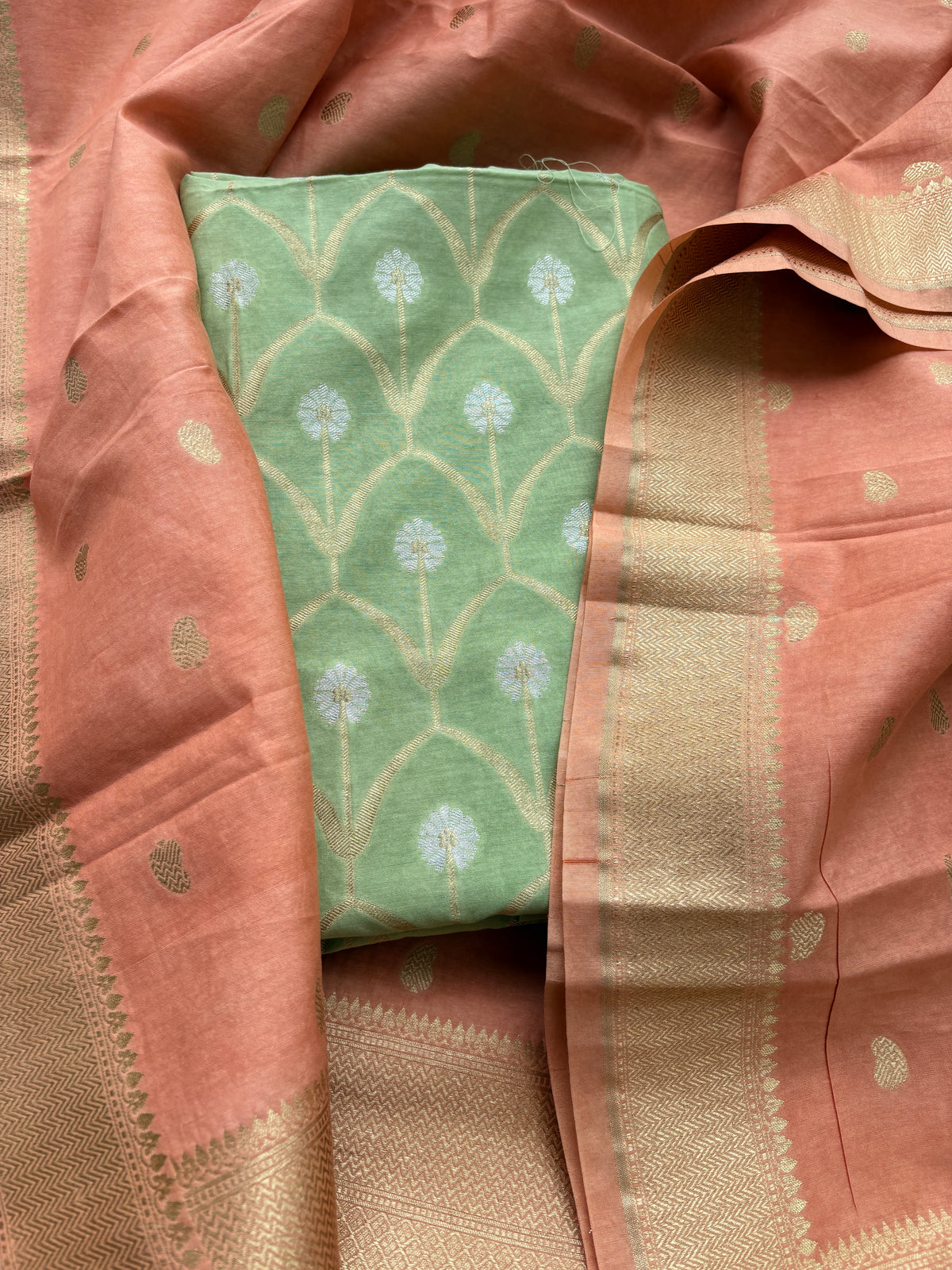 Green kurta with peach dupatta cotton silk suit set