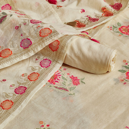 Cream Multicolored Handwoven Flower Chanderi Cotton Suit Set