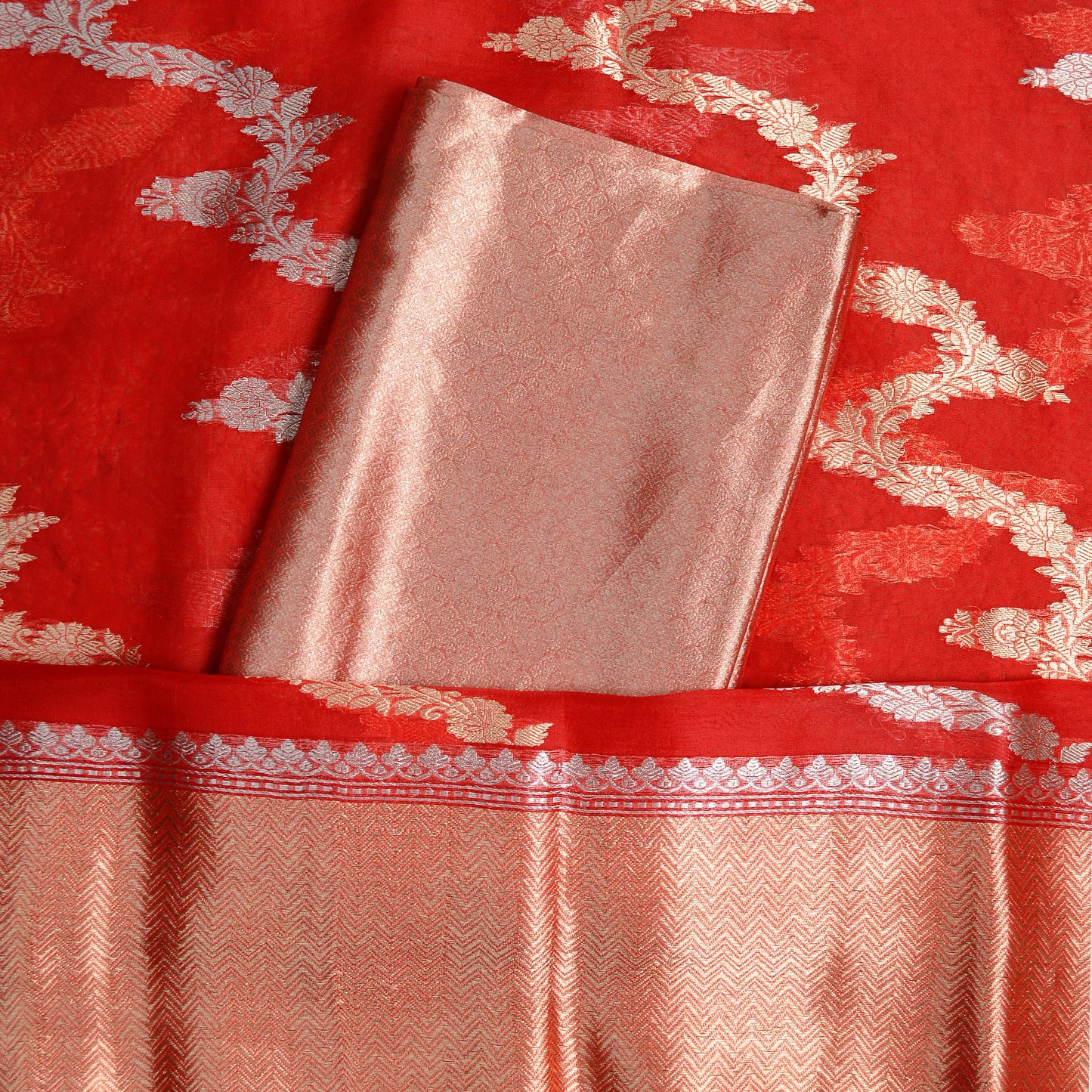 Red katan tissue suit set with kora silk dupatta