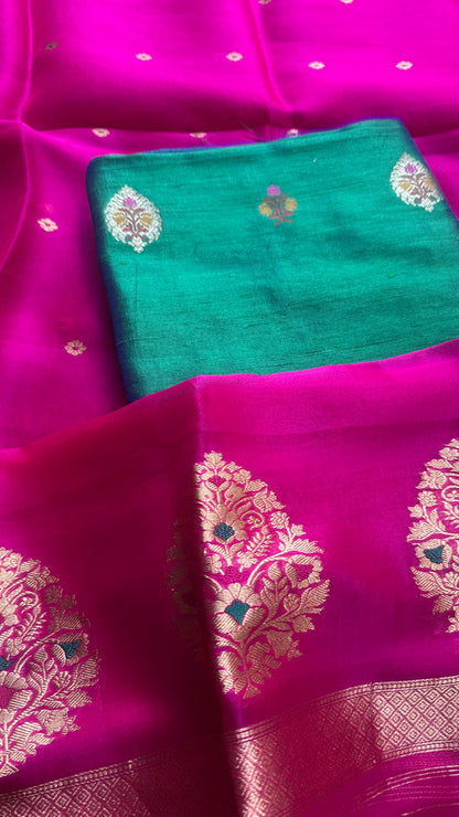 Green raw silk meendar kurta, rani dupatta, raw silk bottom