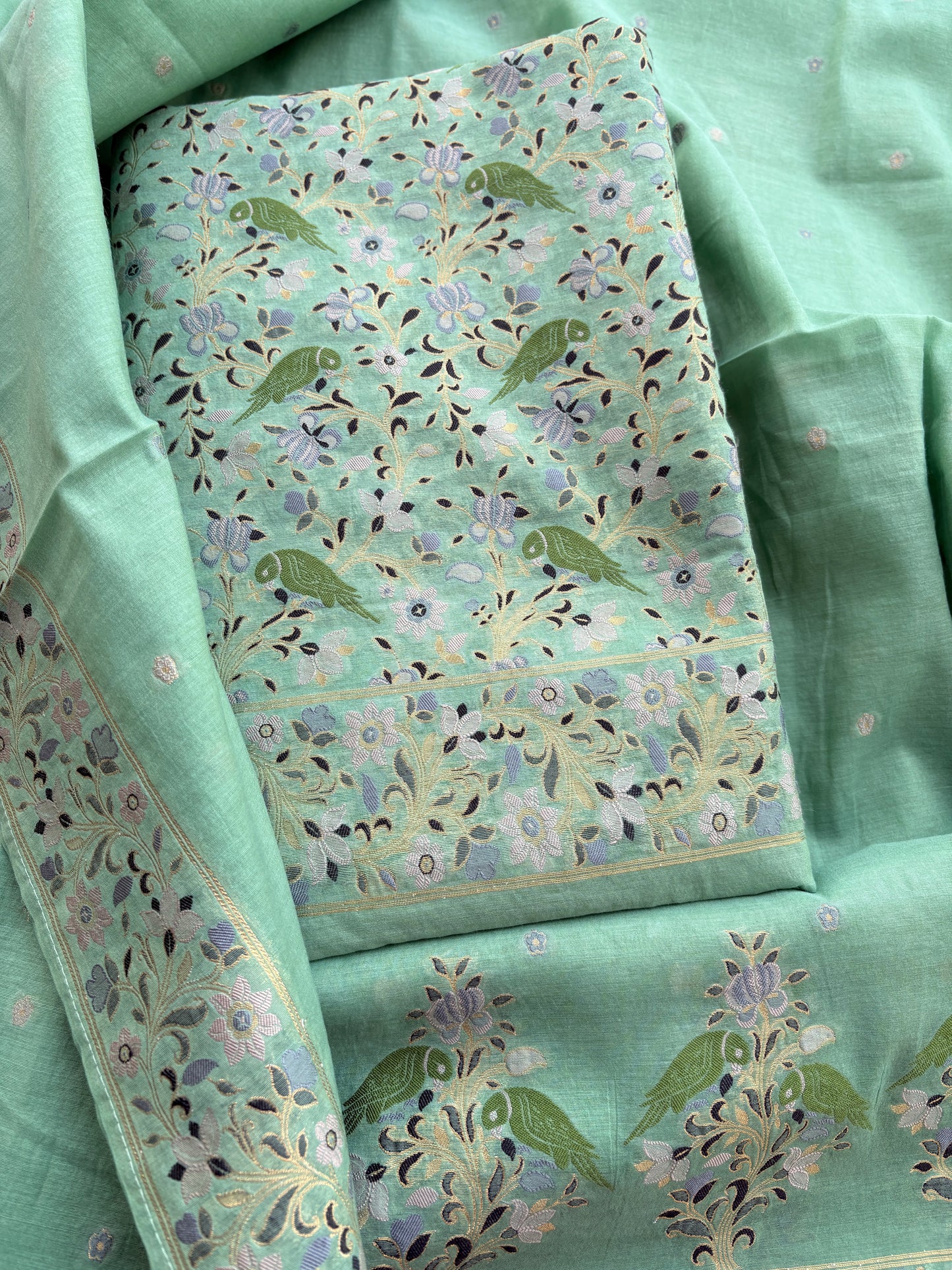 Green Chanderi bird weaving suit set