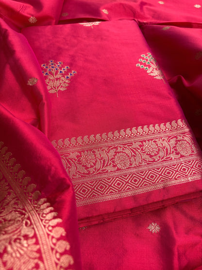 Red pink dhoop chau katan by katan silk suit set